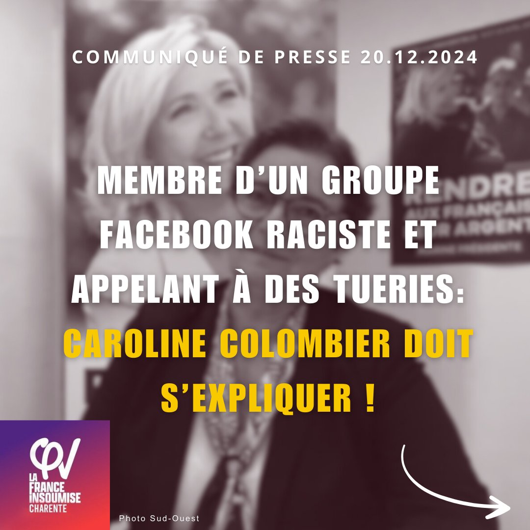LFI_Charente's tweet photo. Communiqué de presse de La France insoumise Charente au sujet de l'article "Racisme et appels au meurtre : 15 députés RN dans un groupe Facebook privé nauséabond" du média @Lesjoursfr mentionnant @CColombier_RN. https://t.co/0R5FrcCQ9Z