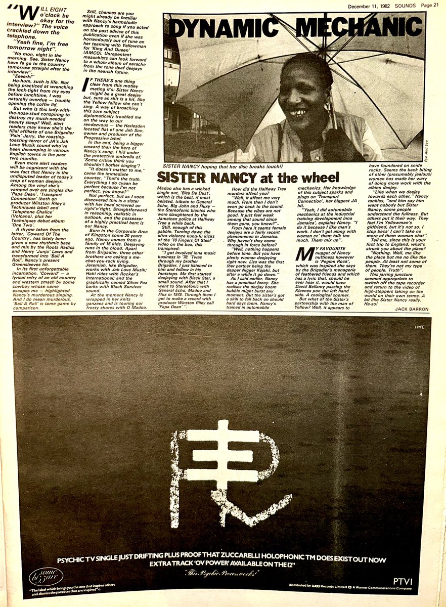 ZoundsAbound's tweet photo. Features here include Mick Sinclair’s   account of his chat with Chris Butler from #TheWaitresses, Winston Smith is convinced #TheOutcasts are as good as it gets, Jay Williams meets up with @DJFlash4eva &amp; Jack Barron talks to Reggae DJ royalty, #SisterNancy 

Sounds Dec 11th 1982 https://t.co/m49U60LAs7