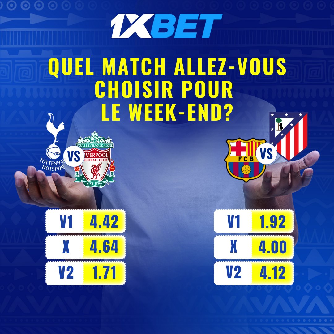 1xbetbf's tweet photo. ⚽️ Weekend Showdowns: Quel match allez-vous regarder ? 🔥
🎯 Tottenham vs Liverpool (EPL)
🎯 Barcelone vs Atlético Madrid (LaLiga)
💬 Quel match allez-vous suivre? Donnez votre choix en commentaires ! 🏟️
#TottenhamLiverpool #BarcaAtletico #EPL #LaLiga #1xbetpromocode https://t.co/tY2mb3KRYE