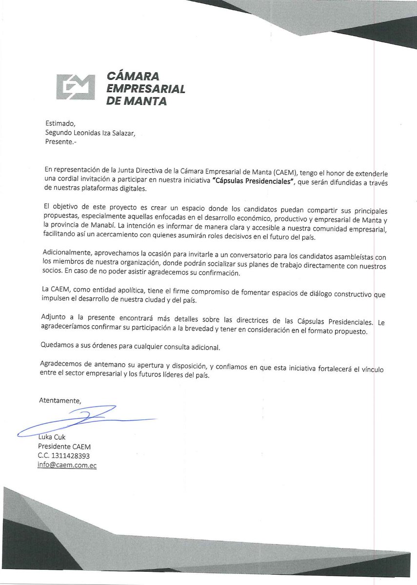 Estimado Candidato <a href="/LeonidasIzaEc/">Leonidas Iza Salazar</a> ,  

Desde #CAEM nos encantaría contar con su participación en nuestras Cápsulas Presidenciales, un espacio para compartir sus propuestas con la comunidad empresarial de Manta.  

¡Aguardamos con interés su valiosa participación! 🇪🇨📷🤝
