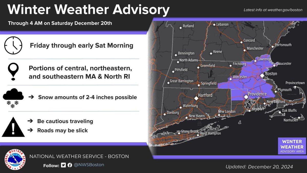 ❄️🎶It's timeeee🎶❄️ 

The US National Weather Service Boston MA has issued a ‼️Winter Weather Advisory‼️ for areas in Rhode Island from 12/20/24 10:00AM to 12/21/24 4:00AM.  

Snowfall accumulations of 2 to 4 inches. Use caution while traveling.