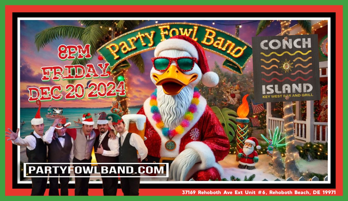 <a href="/partyfowlband/">Party Fowl Band</a> celebrating Christmas at <a href="/ConchIslandKW/">Conch Island</a> tonight starting at 8pm. Rumor has it, Shawnta Claus will be giving out gifts!!