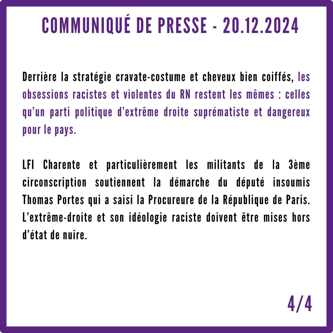 LFI_Charente's tweet photo. Communiqué de presse de La France insoumise Charente au sujet de l'article "Racisme et appels au meurtre : 15 députés RN dans un groupe Facebook privé nauséabond" du média @Lesjoursfr mentionnant @CColombier_RN. https://t.co/0R5FrcCQ9Z