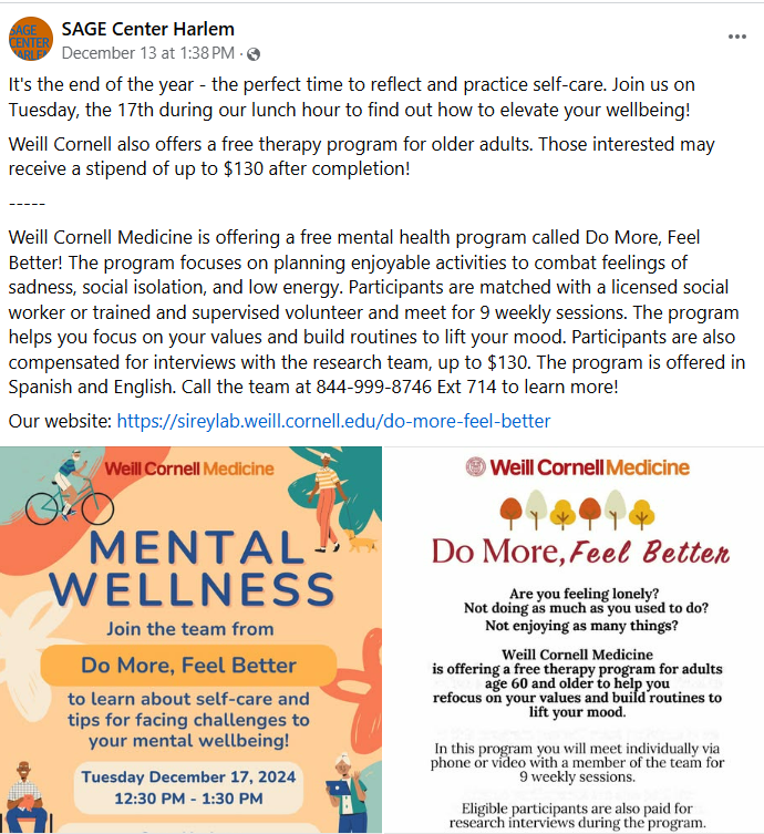 SireyLab's tweet photo. We are featured on Sage Center Harlem's Facebook post!😀#sageharlem

We offer a free mental health program that help older adults 60 years or older to do more and feel better🏃#paidprogram

Want to learn more? Call us at 844-999-8746 Ext 714!📞
Or visit https://t.co/IRYHBfOmU4📲 https://t.co/RHxxjcNo2m