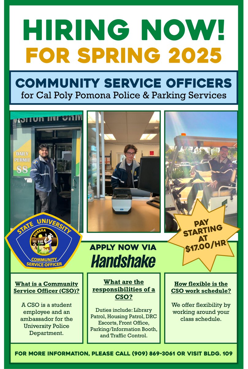 CPP_PTS's tweet image. ATTENTION: CPP STUDENTS
**********
Would you like to join the Police and Parking Services team? We are hiring now CSOs for the spring semester!
Please submit your application and resume on Handshake.
Contact us if you have any questions. (909) 869-3061.