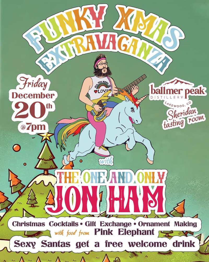 TONIGHT! Join us for a Funky Xmas Extravaganza featuring The One And Only Jon Ham! We'll have an Xmas cocktail menu, gift exchange, ornament making, &amp; some sexy Santas behind the bar. Dress as a sexy Santa &amp; get a free welcome drink. Pink Elephant food truck will be on site!