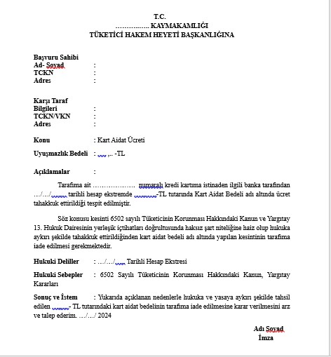Bankalar kredi kartı yıllık kullanım bedellerini artırdı. Haksız ve hukuksuz olarak tüketicilerden alınan kart bedellerinin iadesi için TükoDer İzmir Ş. tarafından hazırlanan başvuru dilekçesini kullanarak ikametinizin bağlı olduğu tük.Hkm.Hyt.ne başvurabilirsiniz.