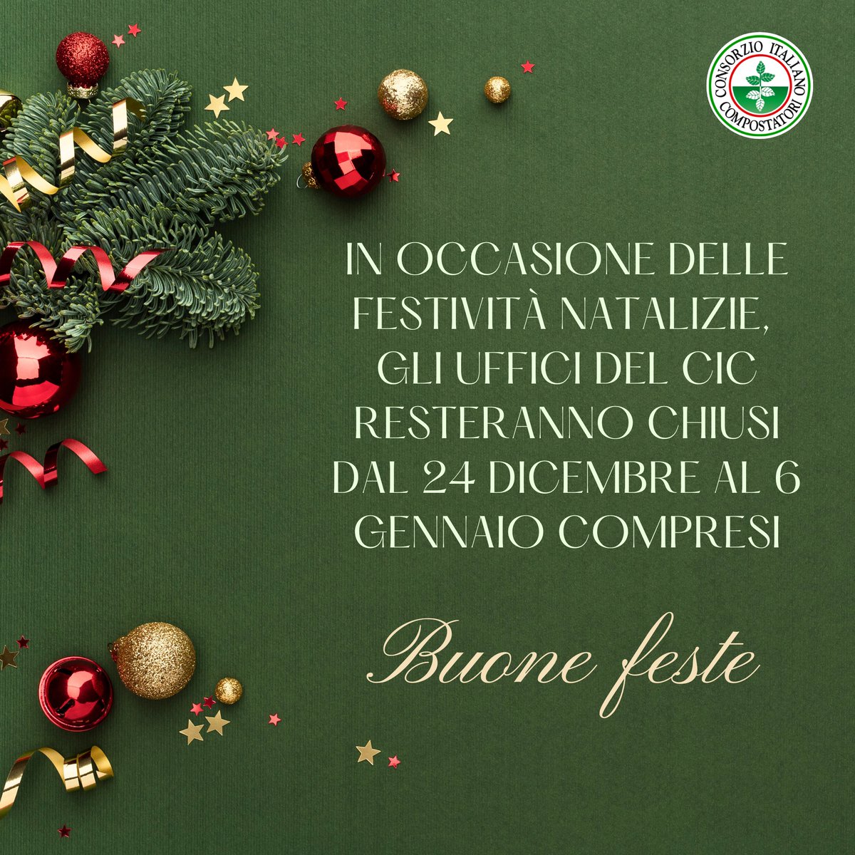 Consorzio CIC (@consorziocic) on Twitter photo 🎄🎁 Il <a href="/ConsorzioCIC/">Consorzio CIC</a> vi augura #BuoneFeste!
ℹ️ I nostri #uffici rimarranno chiusi da martedì 24 dicembre 2024 a lunedì 6 gennaio 2025 compresi.
Non dimenticate di seguire i nostri #consigli ✅ per fare una #raccolta dell’#umido impeccabile❗️ ⬇
compost.it/news/come-fare… 🎄🎁 Il <a href="/ConsorzioCIC/">Consorzio CIC</a> vi augura #BuoneFeste!
ℹ️ I nostri #uffici rimarranno chiusi da martedì 24 dicembre 2024 a lunedì 6 gennaio 2025 compresi.
Non dimenticate di seguire i nostri #consigli ✅ per fare una #raccolta dell’#umido impeccabile❗️ ⬇
compost.it/news/come-fare…