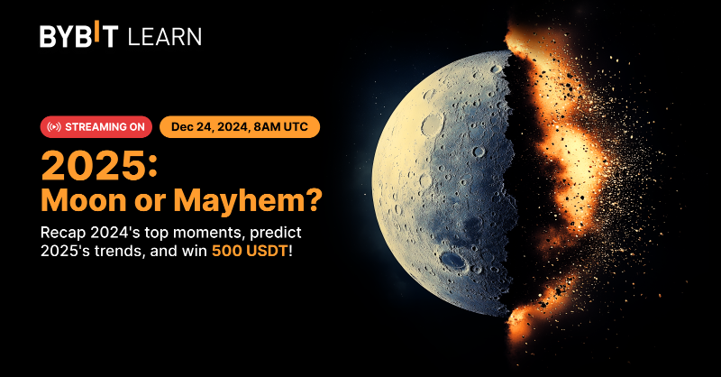 Bybit_Official's tweet photo. 🔮 Ready for 2025?

Join our livestream on Dec 24 for a 2024 market recap, predictions, and your chance to win 500 USDT!

Register today &amp; claim your welcome gift. 🎁