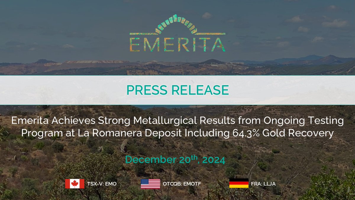 EmeritaRes's tweet photo. Emerita Achieves Strong Metallurgical Results from Ongoing Testing Program at Romanera Deposit Including 64.3% Gold Recovery
✅Significant recovery of base &amp; precious metals
✅Innovative 2-Stage Flotation
✅Ongoing Optimization to further enhance recovery
https://t.co/jd11NRnLRX https://t.co/6ww4ttNlW2