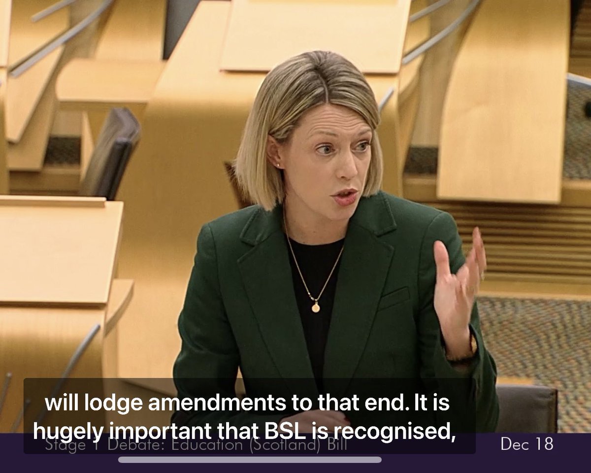 Great news! Deaf children and young people in Scotland got an early Christmas present on 18th of Dec, when <a href="/JennyGilruth/">Jenny Gilruth</a> confirmed that <a href="/scotgov/">Scottish Government</a> will amend the Education (Scotland) Bill to recognise the needs of learners and users of #BSL in Scotland’s education system. 1/3