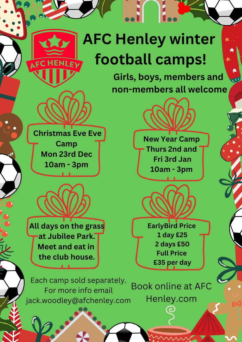 AFC Henley football camps!  A few spaces remaining...

Mon 23 Dec and Thurs 2 &amp; Fri 3rd Jan
Book here:
tinyurl.com/3ez6hepe

Yr 1 - 9, Girls &amp; Boys, all abilities v welcome! 
Lots of fun &amp; prizes to be won! ⚽️

#christmasfootball #christmasfun #holidaycamp #grassrootsfootball