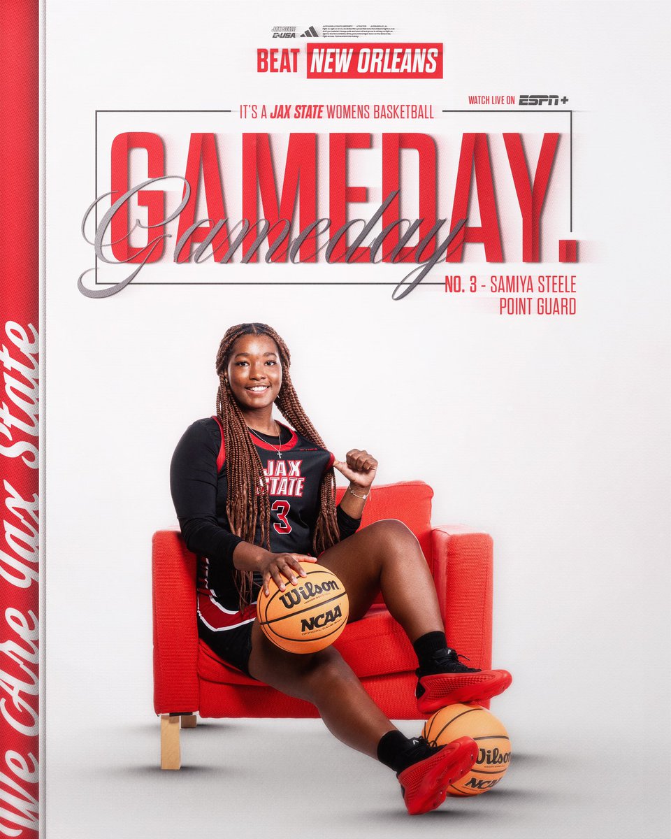 Get up, it’s Gameday 😊

🆚 New Orleans
⌚️ 4:30 PM
📍Pete Mathews Coliseum
📺 ESPN+
📊 JaxStateSports.com

#StayCocky🐔 | #FearTheBeak👌