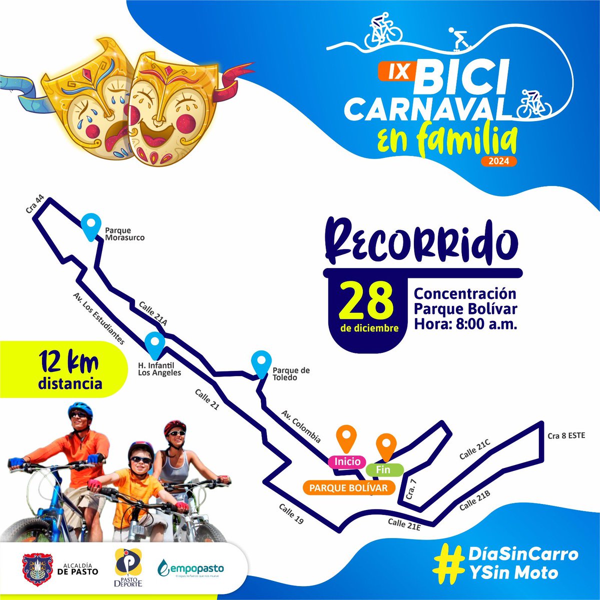 Vive el Bicicarnaval 2024 con conciencia ambiental y cultura ciudadana! Este 28 de diciembre disfruta con tu familia y amigos desde las 8 a.m en el Parque Bolivar de una jornada de mucho deporte y cuidado de nuestro planeta. Pedalea, sonríe y goza recorriendo las calles de Pasto.