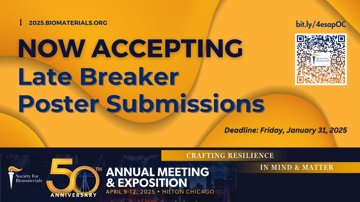 SFBiomaterials (@sfbiomaterials) on Twitter photo 📢🧑🔬We're pleased to announce a Call for Late-Breaking Research for poster consideration only at the 2025 Annual Meeting & Exposition, being held in Chicago, Illinois, April 9-12. Submissions due by 12.31.2025 bit.ly/4esapOC <a href="/NatalieArtzi/">Natalie Artzi</a> <a href="/KSadtler/">Kaitlyn Sadtler, PhD</a> 📢🧑🔬We're pleased to announce a Call for Late-Breaking Research for poster consideration only at the 2025 Annual Meeting & Exposition, being held in Chicago, Illinois, April 9-12. Submissions due by 12.31.2025 bit.ly/4esapOC <a href="/NatalieArtzi/">Natalie Artzi</a> <a href="/KSadtler/">Kaitlyn Sadtler, PhD</a>