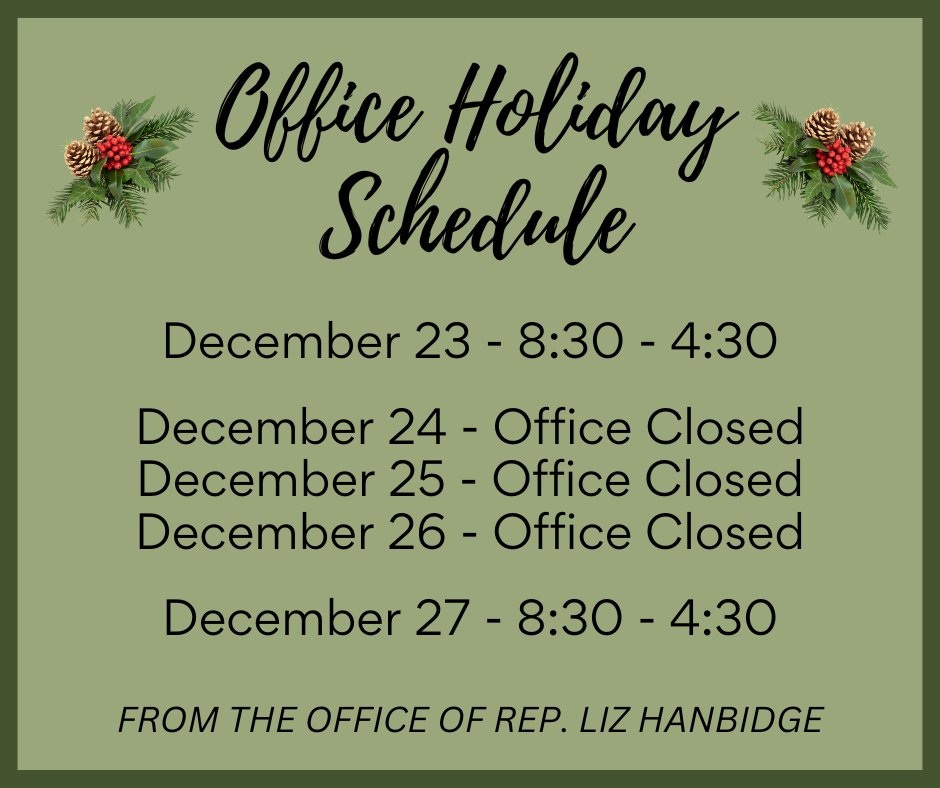Rep. Liz Hanbidge (@rephanbidge) on Twitter photo 🎁 Happy Holidays! Starting Tuesday, Dec. 24th, my office will be operating on a holiday schedule. We will reopen at 8:30 on Friday, Dec. 27. If you need assistance, please call 610-277-3230 or email RepHanbidge@pahouse.net & we will get back to you upon our return. 🎁 🎁 Happy Holidays! Starting Tuesday, Dec. 24th, my office will be operating on a holiday schedule. We will reopen at 8:30 on Friday, Dec. 27. If you need assistance, please call 610-277-3230 or email RepHanbidge@pahouse.net & we will get back to you upon our return. 🎁