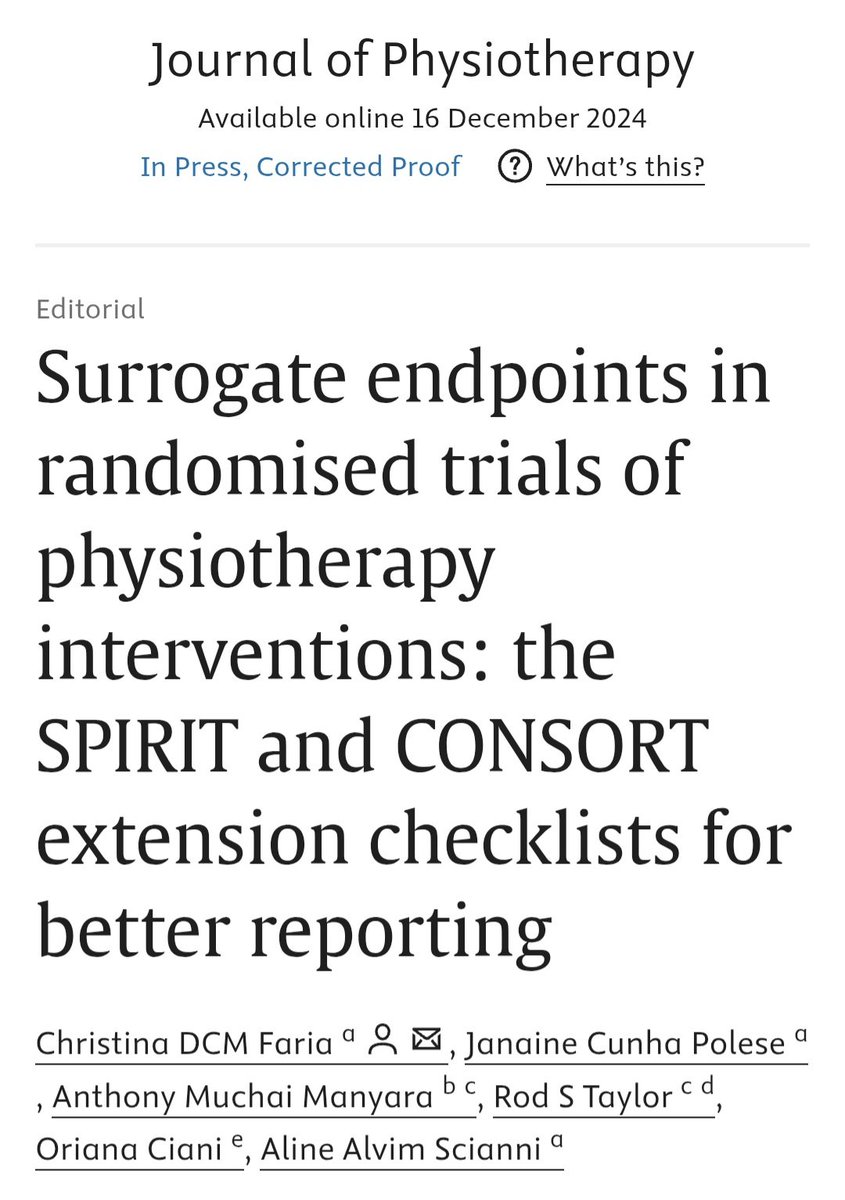 SPIRIT|CONSORT-SURROGATE (@consort_surr) on Twitter photo Our last output for this year is this editorial in <a href="/JPhysiother/">Journal of Physiotherapy</a> led by Christina Faria on Surrogate endpoints in trials of physiotherapy interventions
📎doi.org/10.1016/j.jphy…
📝 Janaine Polese <a href="/AnthonyManyara_/">anthony Muchai Manyara</a> Rod Taylor <a href="/OrianaCiani/">Oriana Ciani</a> <a href="/AlineScianni/">Aline Alvim Scianni</a> Our last output for this year is this editorial in <a href="/JPhysiother/">Journal of Physiotherapy</a> led by Christina Faria on Surrogate endpoints in trials of physiotherapy interventions
📎doi.org/10.1016/j.jphy…
📝 Janaine Polese <a href="/AnthonyManyara_/">anthony Muchai Manyara</a> Rod Taylor <a href="/OrianaCiani/">Oriana Ciani</a> <a href="/AlineScianni/">Aline Alvim Scianni</a>
