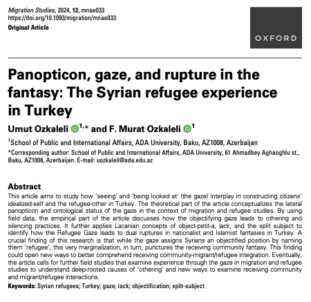 Migration Studies (@migrationjrnl) on Twitter photo How ‘seeing’ and ‘being looked at’ (the gaze) interplay in constructing citizens’ idealized-self and refugee-other? In our latest issue, <a href="/umutozkaleli/">Umut Özkaleli</a> and <a href="/muratozkaleli/">Ferit Murat Ozkaleli</a> discuss how objectifying gaze leads to othering and silencing practices in Turkey.
doi.org/10.1093/migrat… How ‘seeing’ and ‘being looked at’ (the gaze) interplay in constructing citizens’ idealized-self and refugee-other? In our latest issue, <a href="/umutozkaleli/">Umut Özkaleli</a> and <a href="/muratozkaleli/">Ferit Murat Ozkaleli</a> discuss how objectifying gaze leads to othering and silencing practices in Turkey.
doi.org/10.1093/migrat…