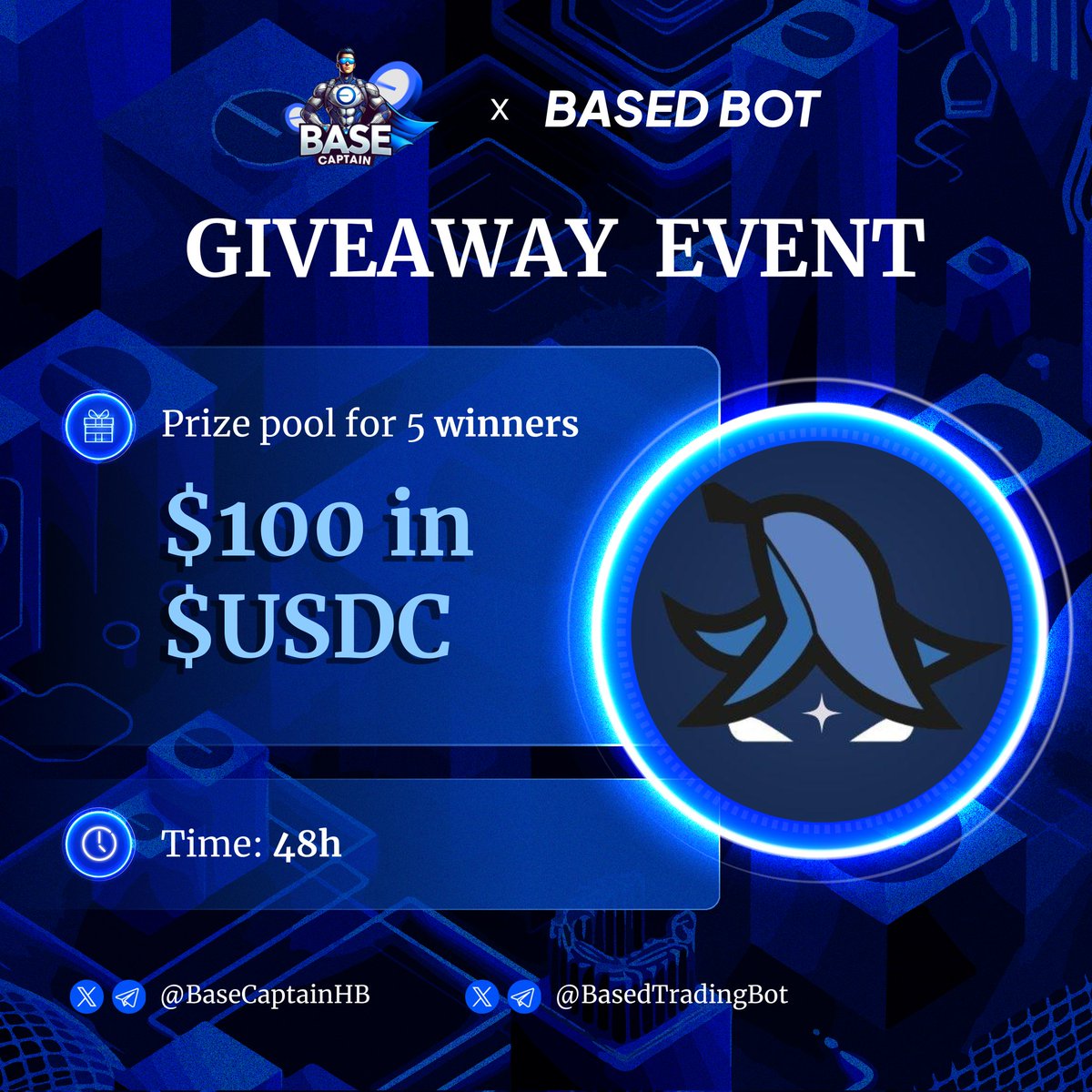 BaseCaptainHB's tweet image. 🔊GIVEAWAY EVENT  🤝   
   
🎁 Prize pool for 5 winners   
$100 in $USDC
   
✔️ To Enter:   
1️⃣ Follow @BaseCaptainHB x @BasedTradingBot
2️⃣ ❤️ and Repost   
3️⃣ Tag 3 friends     
   
⏰ 48h
