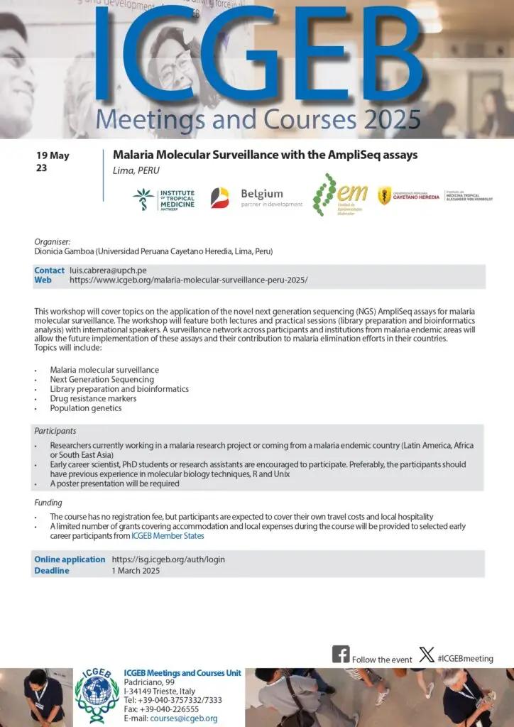 📢Únete al taller "Malaria Molecular Surveillance with the AmpliSeq assays" en Lima, Perú 🇵🇪 el 19 de mayo de 2025.
💡 Dirigido a investigadores y estudiantes en malaria.
🗓️ Postula antes del 1 de marzo de 2025: icgeb.org/malaria-molecu…
#ICGEBMeeting #MalariaResearch #NGS