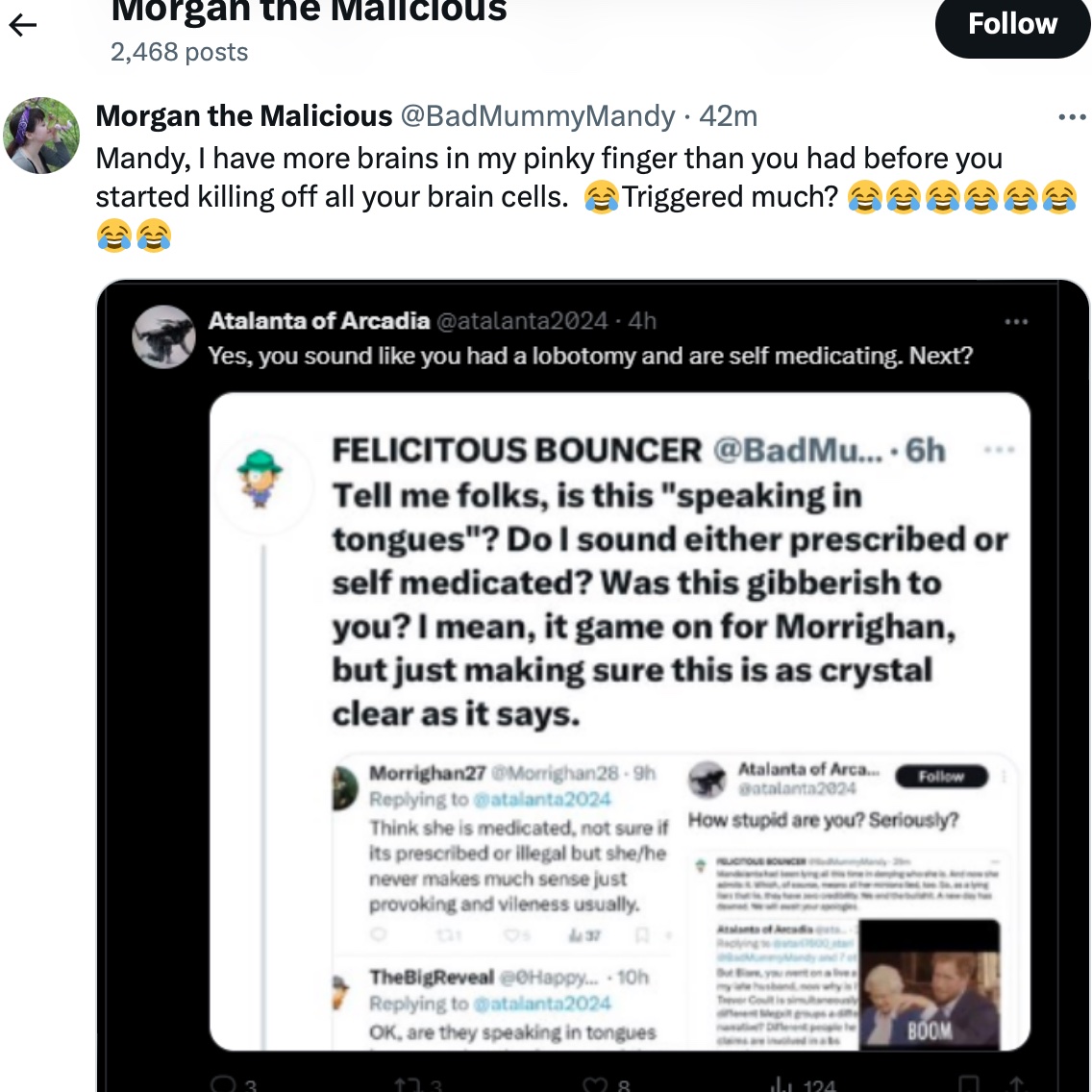 rstrok71's tweet photo. 😂🤣😵‍💫 brains? funny that. we can SEE how you are short circuiting in real time.  Faith is an adult, she made choices as an adult. she may issue an apology to Atalanta. just as she engages in stalking just like her parents.  #notanangel #stalker https://t.co/1uJmx4eKZM