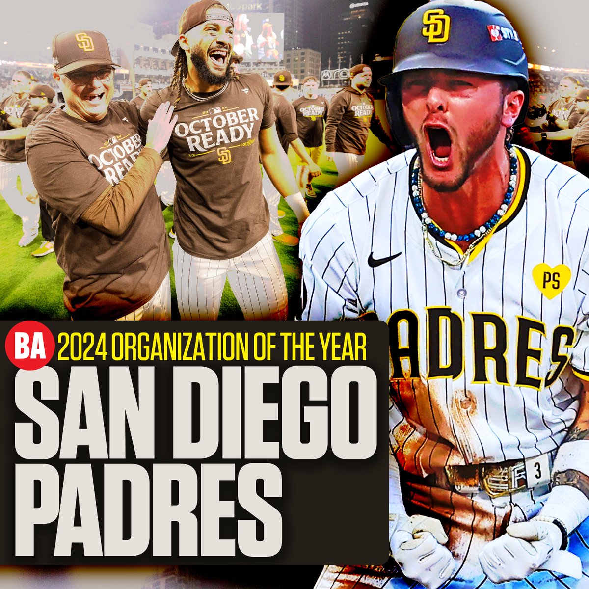 BaseballAmerica's tweet photo. The Padres’ creativity, resilience and overall excellence make them the Baseball America Organization of the Year for 2024.

“Man, the sky’s the limit, and I have no doubt we’re gonna be knocking on the door every single year."

https://t.co/P47YR29YNO https://t.co/zggDZ1wloU