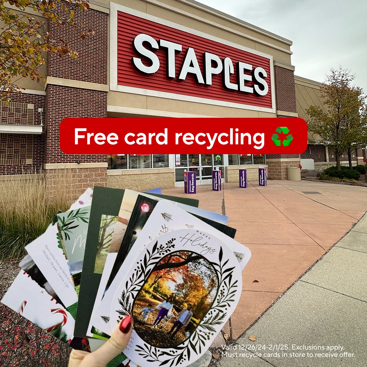 StaplesStores's tweet photo. Hot holiday tip: When it's time to say goodbye to this year's card stack, recycle them all free at Staples 12/26/24–2/1/25. When you do, you'll get 75% off your next order of custom cards through 12/31/25!
#StaplesRecycles #ecofriendly #recycle #holidaycards https://t.co/T2WunhVGra