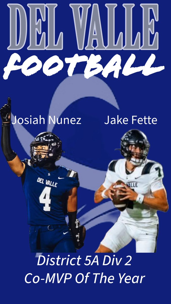 🏈DEL VALLE FOOTBALL 🏈
Congratulations to Jake Fette <a href="/jake_fette1/">Jake Fette</a> and Josiah Nunez for being named District 5A Division 2 Co-MVP of the Year! Good job boys!! OFOD! <a href="/ContrerasDVOFOD/">Rudy Contreras</a>