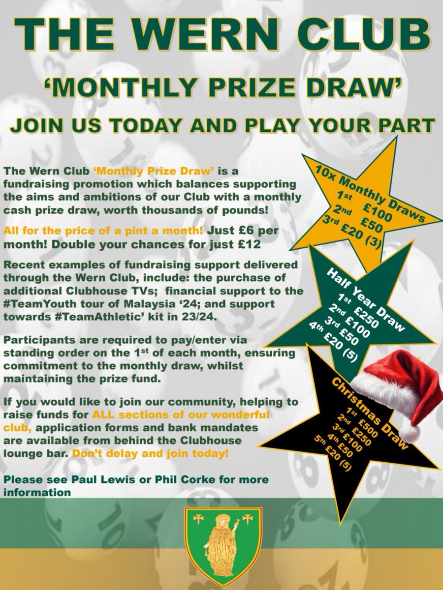 #WernClub

With 2025 nearly upon us, we're recruiting additional membership to the Wern Club.

Representatives will be at tomorrow's game and will be happy to assist with your registration. 

#BePartIfOurTeam🖤💛💚