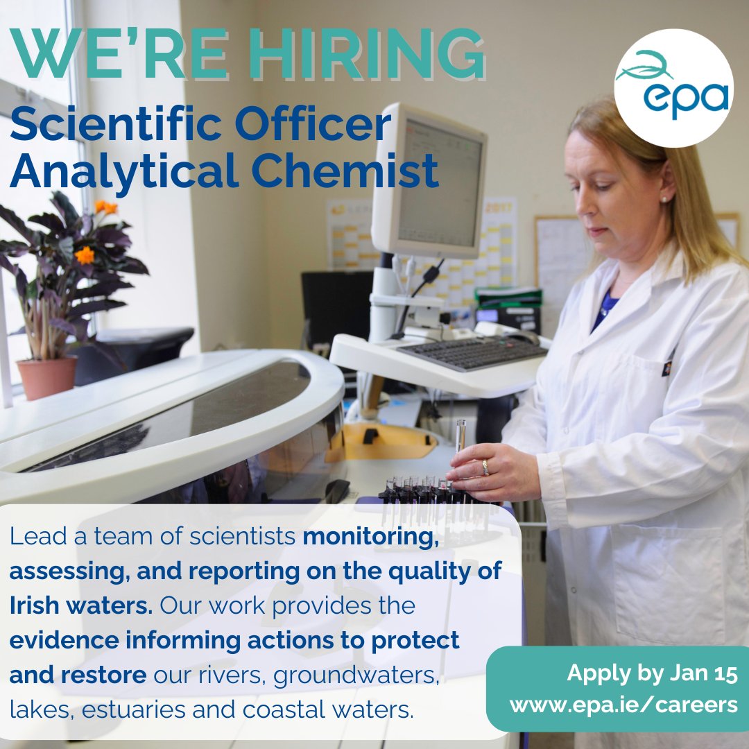 EPAIreland's tweet photo. Looking for a career in environmental protection? The EPA is #recruiting for the position of Scientific Officer, Analytic Chemist. Find out more and apply at https://t.co/01HXCJQKxE. Deadline is January 15 ⏰
#JobFairy #EPAJobs #Hiring #EnvironmentalJobs https://t.co/2WZwSXP6X3