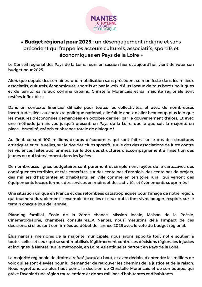 « Un désengagement indigne et sans précédent qui frappe les acteurs culturels, sportifs, associatifs, et économiques en Pays de la Loire ». 

🔴 Retrouvez notre réaction suite au vote du budget régional pour 2025, malgré une très forte mobilisation des Ligériennes et Ligériens 👇