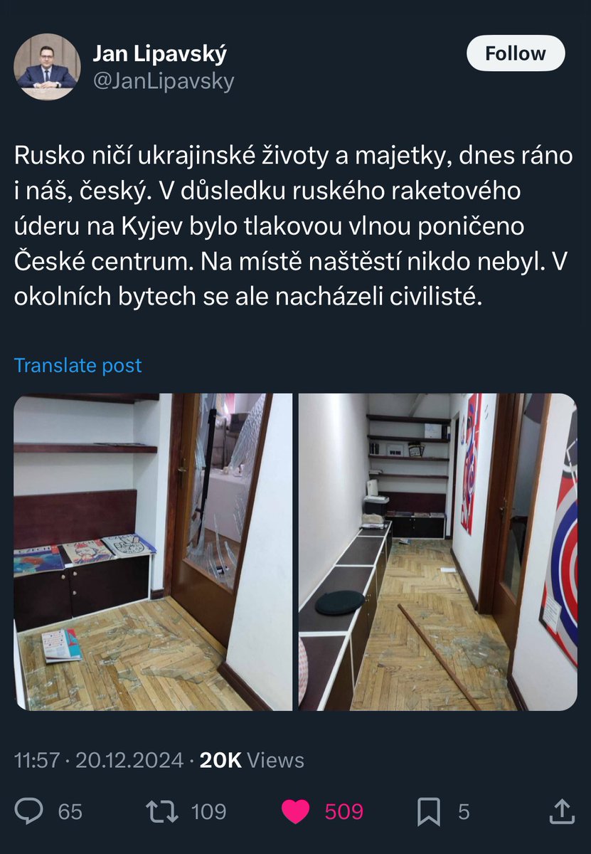 Letyucha_Ryba's tweet photo. ‼️ Czech Cultural Center was hit this morning. 
💔It’s heartbreaking that our Czech friends are paying this price for standing with Ukraine during its darkest times. 

#StandWithUkraine #czechiastandswithukraine https://t.co/tXw4USnmDE