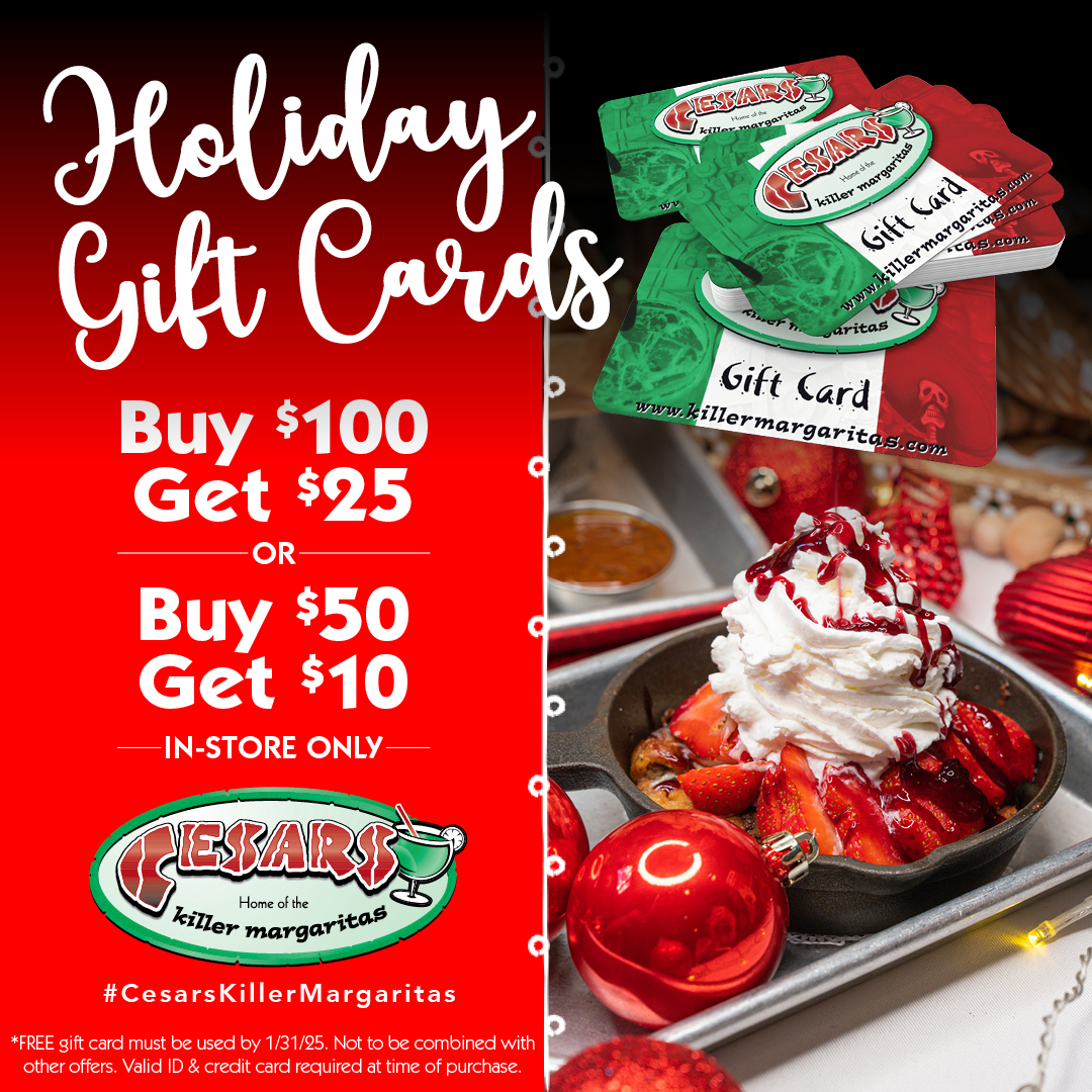 CesarsChicago's tweet image. Stocking Stuffer Deals from Cesar's Killer Margaritas

💳 BUY a $100 holiday gift card, GET a FREE $25 gift card
💳 BUY a $50 holiday gift card, GET a FREE $10 gift card

Pickup Today - ow.ly/IUwN50UsVZW

#MexicanFood #Margaritas #StockingStuffersIdeas #HolidaySpecials