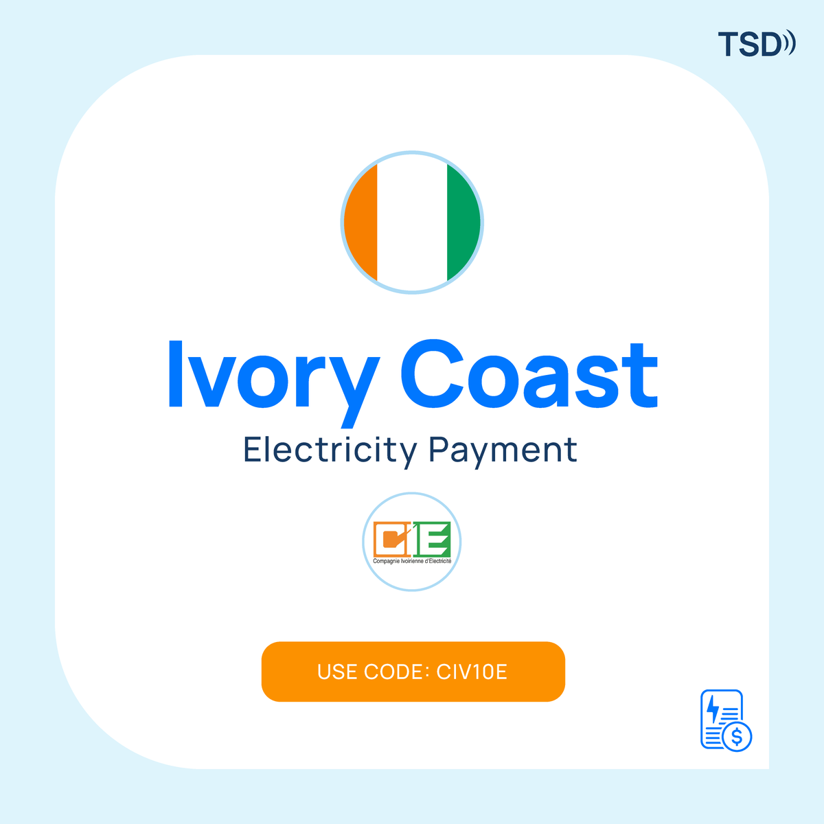tsdtelecom1's tweet photo. WEEKLY PROMOTION: #IvoryCoast -Electricity Payment

Enjoy 10% OFF when sending prepaid electricity to Ivory Coast before Dec 25

Use Code: CIV10E

Instant prepaid electricity with 
#CIE Ivory Coast

Visit https://t.co/kyjh8nagPT for details. 

#SendLoveBridgeDistances #tsdtelecom https://t.co/lVl7Utxdx1