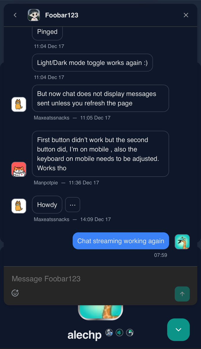 CapswanApp's tweet image. There was a streaming bug in chat (required you to refresh after sending a message). Fixed now

✅ Group chat