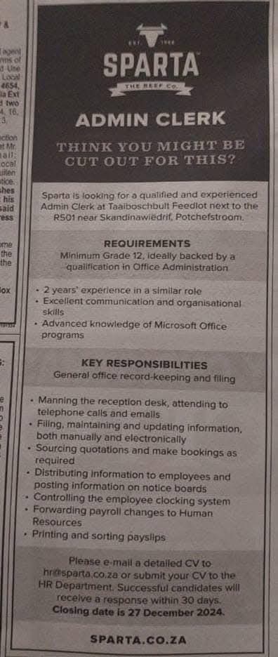 CarolBoitumelo1's tweet photo. Admin Clerk is needed!

Email your CV to hr@sparta.co.za
Closing Date 27 December 2024 https://t.co/fwZl6JcPJH