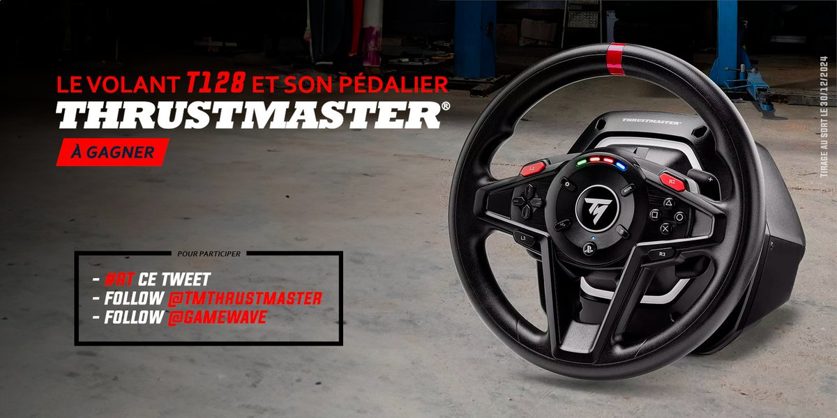 🎁#GAMEWAVEAvent - Un jour = un #CONCOURS 

Gagne le volant T128 et son pédalier Thrustmaster ! 🚘

Pour participer : 
- #RT ce tweet
- Follow <a href="/GAMEWAVE/">GAMEWAVE</a>
- Follow <a href="/TMThrustmaster/">Thrustmaster Official</a> 

📅 Tas 30/12 - Bonne chance !
Plus de concours : gamewave.fr/concours/