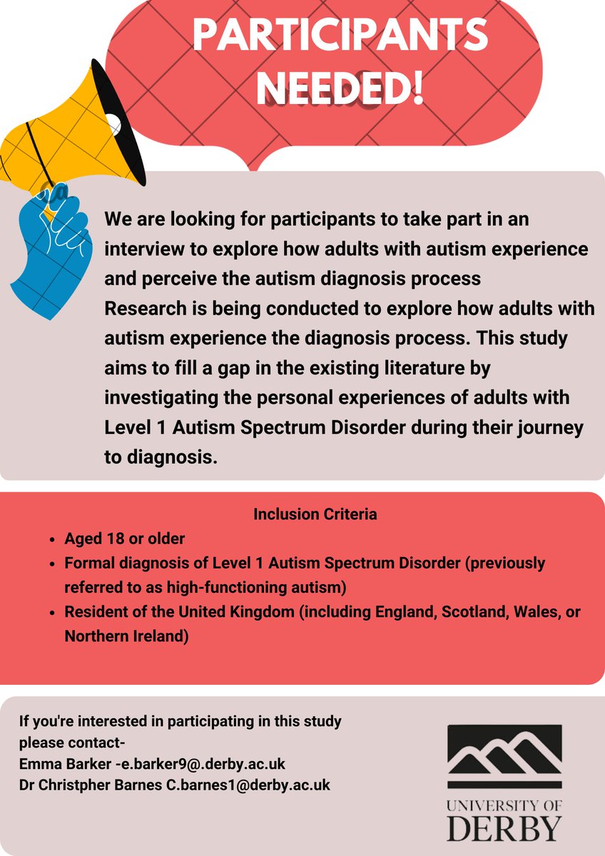 Emma_barker7's tweet photo. Hello
I am looking for participants for my university masters study.
All the information is in the poster.
Please contact me for more details 
Many thanks 
Emma 
#participants #unistudy #AutismAwareness #autism #diagnosis #participantsneeded https://t.co/XOGZq2bRGi
