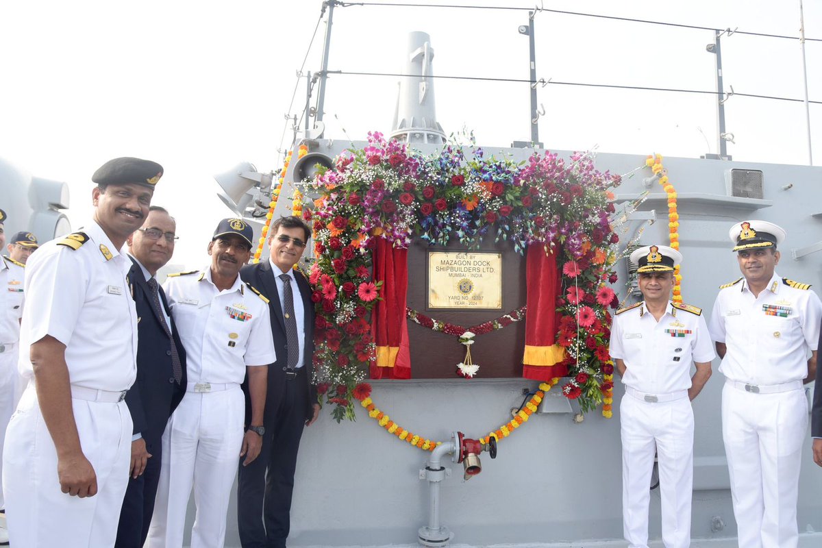 indiannavy's tweet photo. In a historic milestone for the country’s #Aatmanirbharata journey, two warships, a Frigate (Nilgiri) and a Destroyer (Surat) were delivered to the #IndianNavy on #20Dec 24.
The ships have been designed & constructed indigenously by the Warship Design Bureau of the Navy and @MazagonDockLtd respectively. This is keeping with the thrust given by Govt of India & the Navy, on Nation Building through Self Reliance.
Simultaneous induction of two state-of-the-art warships will significantly enhance the Operational capabilities and combat readiness of the #IndianNavy.
#AatmanirbharBharat
@SpokespersonMoD @DefProdnIndia @makeinindia
https://t.co/mGucVxQbSU