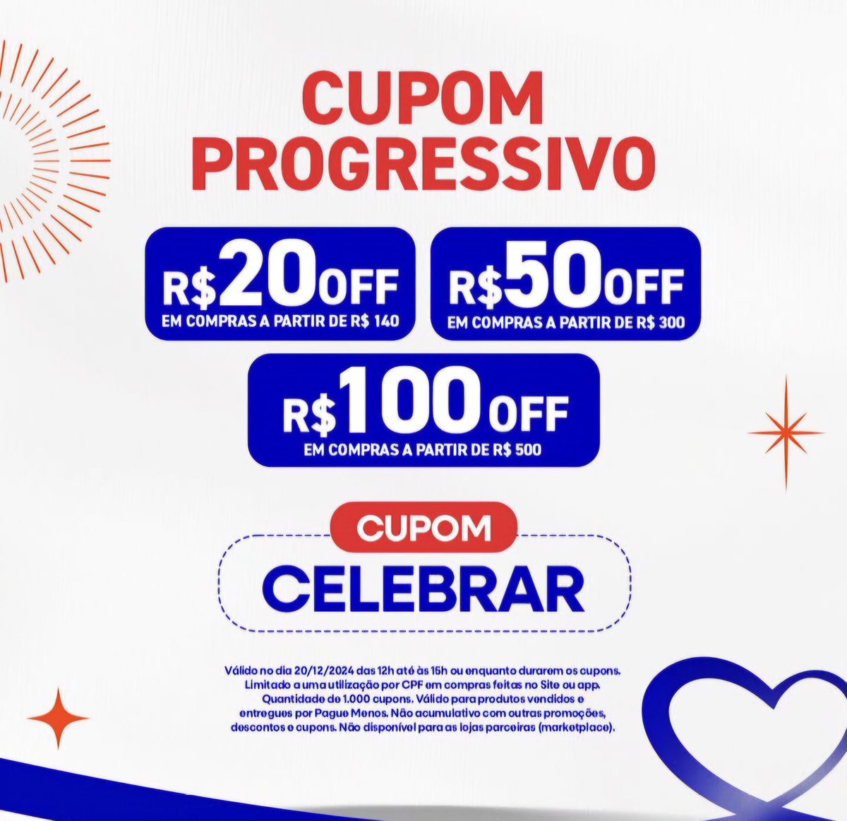 sddescontos's tweet photo. 🚨 DESCONTO PROGRESSIVO PAGUE MENOS 🚨

🎟 CELEBRAR
- R$20 off acima de R$140
- R$50 off acima de R$300
- R$100 off acima de R$500

💖 Antes de adicionar o cupom, use o código de consultora: admlays

👇🏼👇🏼 RESGATE AQUI:
https://t.co/yxLVFsbIgL

#PagueMenos | https://t.co/Ip96JxDRr4