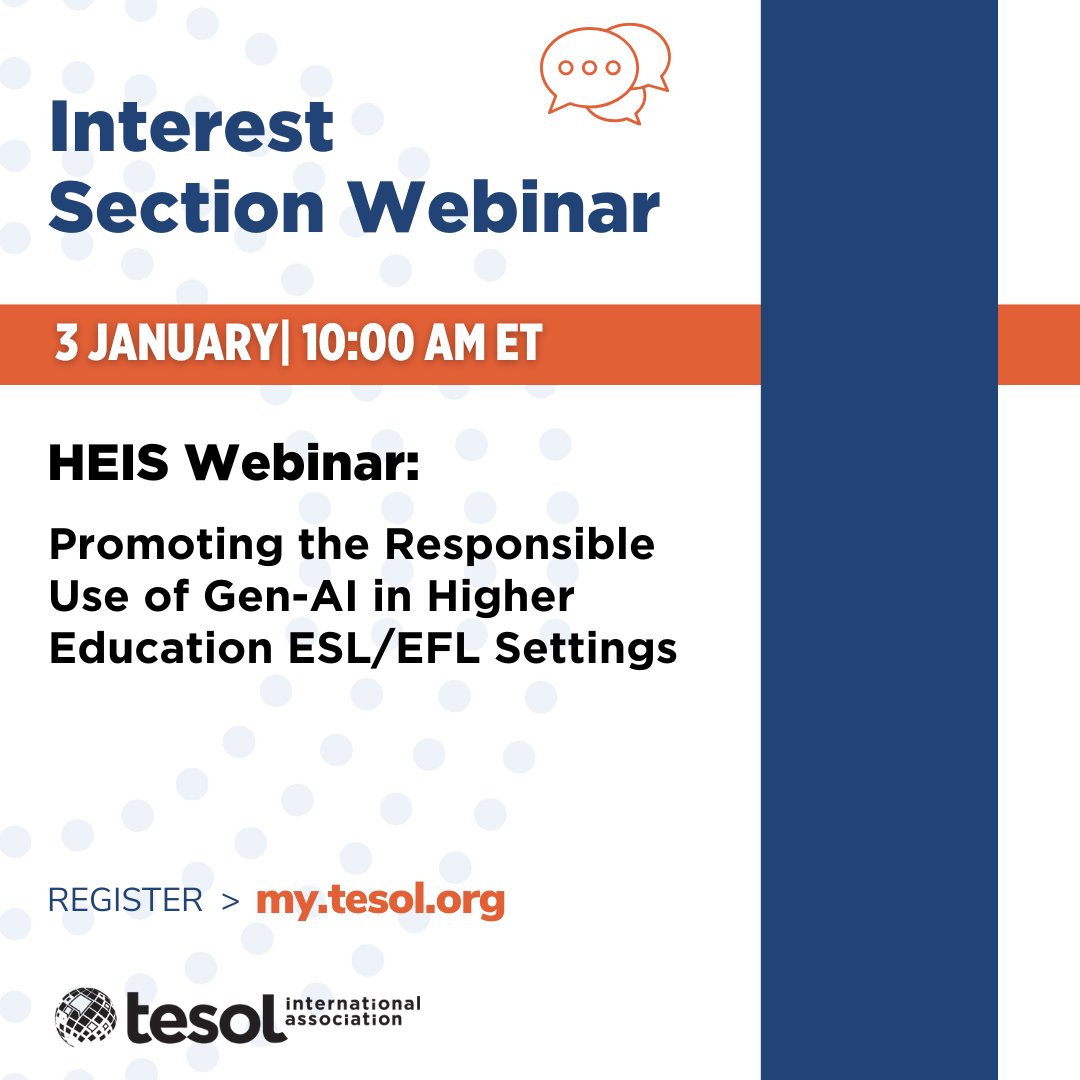 TESOL_Assn's tweet image. Join the Higher Education Interest Section for a FREE webinar on 3 January at 10:00 a.m. ET! More information here: bit.ly/4gIycLr #TESOL #TESL #TEFL #ELT