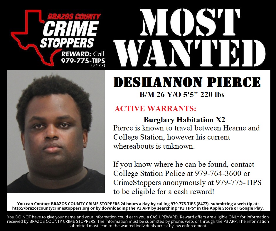 This weeks #FugitveFriday is DeShannon Pierce. 
If you have any information regarding his possible location, please contact the College Station Police Department, or CrimeStoppers anonymously at 979-775-TIPS to be eligible for a cash reward!