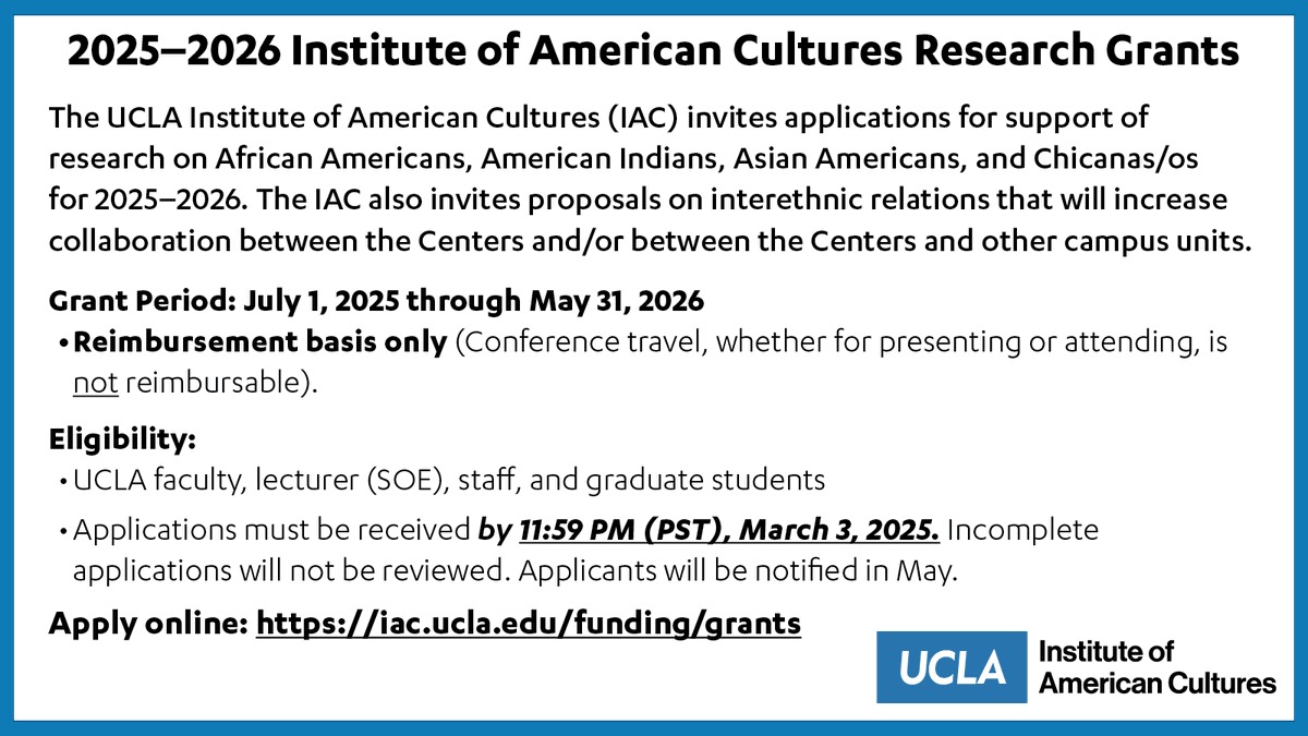 uclaaisc's tweet image. Ethnic Studies Research Grant Opportunity!
Thttps://iac.ucla.edu/funding/grants

#UCLA #UCLAAISC #UCLAGrant