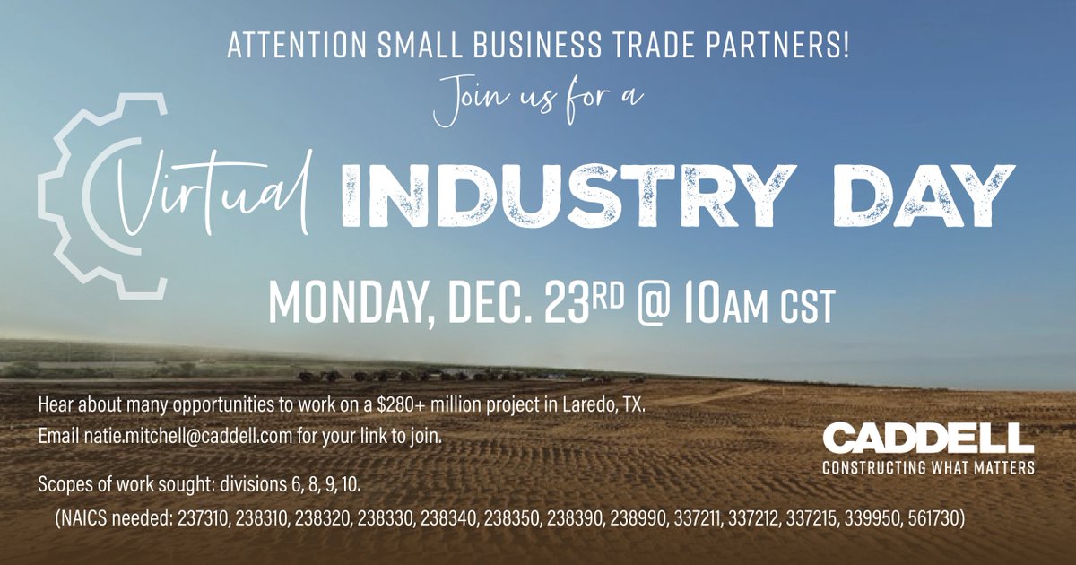 CaddellConst's tweet image. We are seeking small business trade partners to work with us in Laredo, TX! #ConstructingWhatMatters #VirtualIndustryDay #TheCaddellWay #AGreatCompanyToWorkFor #AGreatCompanyToWorkWith #SmallBusiness

Email natie.mitchell@caddell.com for your link to join!