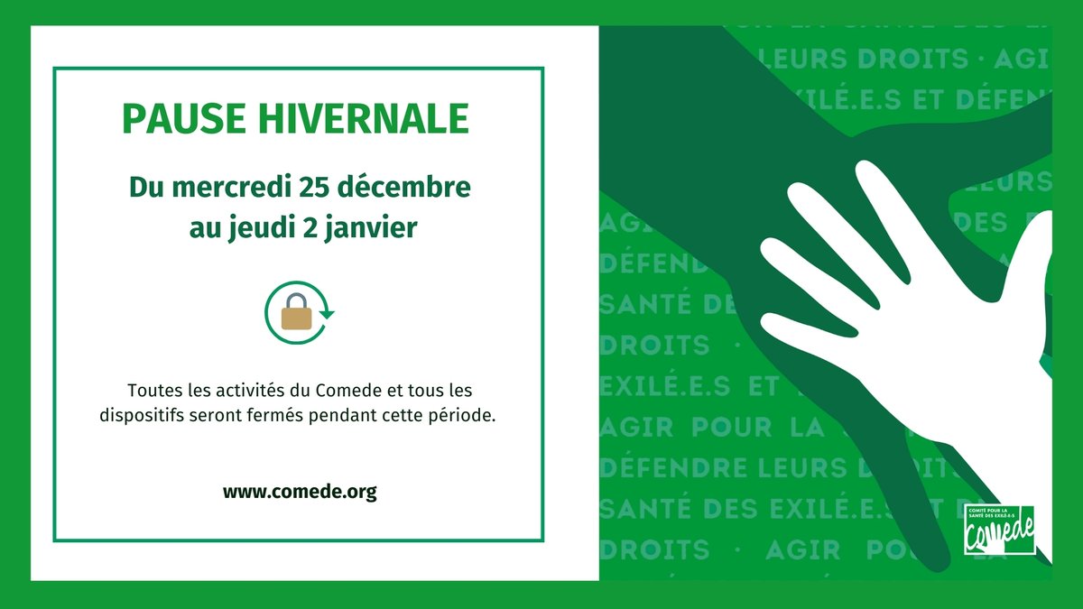 comede_asso's tweet image. 🔼 Comme tous les ans, nos activités cesseront entre le 25 décembre et le 2 janvier.
La reprise des activités (permanences téléphoniques, accueil et accompagnement) reprendront le matin du 2 janvier.