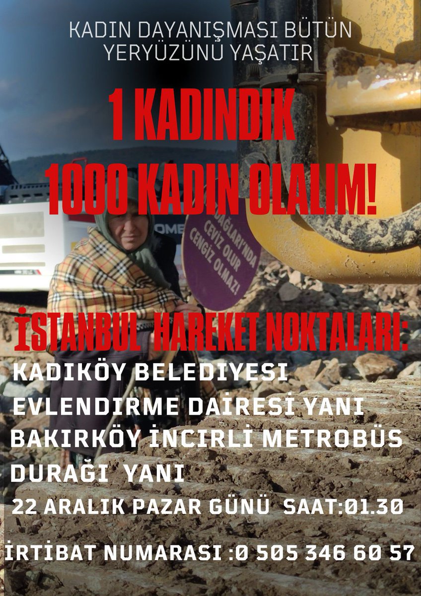 22 Aralık Pazar günü Kazdağlarında, 1 Kadındık 1000 kadın olduk demek için bir araya geliyoruz.

O 1000 kadından birisi de sen ol. İstanbul’dan saat 01.30’da kalkacak ücretsiz araçlar için iletişim no:
05053466057

#KazdağlarındanDefolCengiz