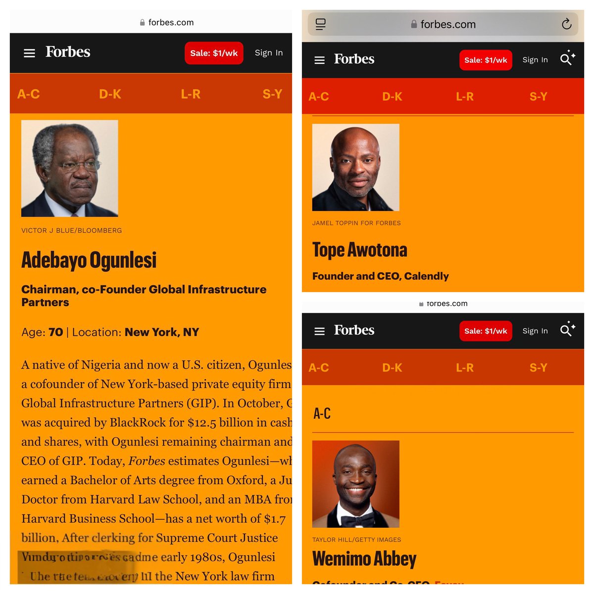 Let us celebrate the only three Nigerians who made Forbes Magazine's inaugural list of the most powerful, impactful, and wealthiest Black Americans. They are Adebayo Ogunlesi, Tope Awotona, and Wemimo Abbey. Collectively, they are worth over $4 billion and employ thousands of