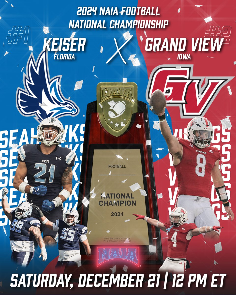 NAIA (@naia) on Twitter photo IT'S ABOUT TO GO DOWN.
#1 <a href="/KUSeahawks/">Keiser Seahawks</a> X #2 <a href="/VikingAthletics/">Viking Athletics</a>
Who will be crowned the 2024 NAIA Football National Champions?
Find out live for FREE at NAIA.org/watch IT'S ABOUT TO GO DOWN.
#1 <a href="/KUSeahawks/">Keiser Seahawks</a> X #2 <a href="/VikingAthletics/">Viking Athletics</a>
Who will be crowned the 2024 NAIA Football National Champions?
Find out live for FREE at NAIA.org/watch