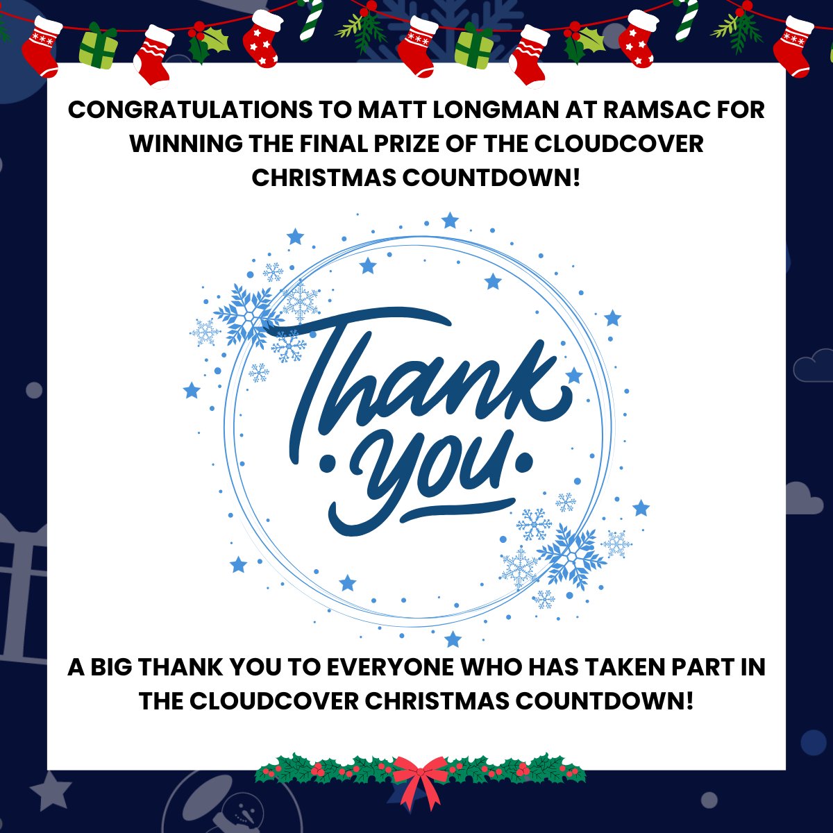 Congratulations to Matt Longman at ramsac for winning the £100 Secret Escapes voucher! 🎉

That's a wrap on the CloudCover Christmas Countdown! 🎁  

The team at virtualDCS would like to wish you all a Merry Christmas and a Happy New Year! 🎉