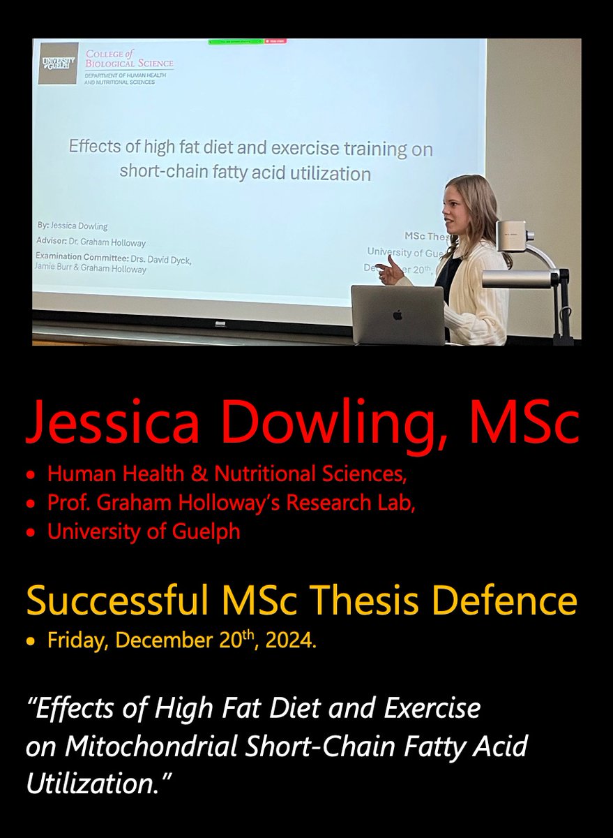🍾CONGRATULATIONS  JESSICA!👍
📢Jessica Dowling, MSc, Successfully Defended Her Thesis!
🍔Effects of High Fat Diet &amp; Exercise on Mitochondrial Short-Chain Fatty Acid Utilization
🥼Prof. Graham Holloway's Lab <a href="/UofGResearch/">UofGResearch</a>

🎓#MScGrad
🐉#ForeverAGryphon
📌Dec 20 <a href="/UofG_HHNS/">HHNS at UofG</a>
🏛️#UofG